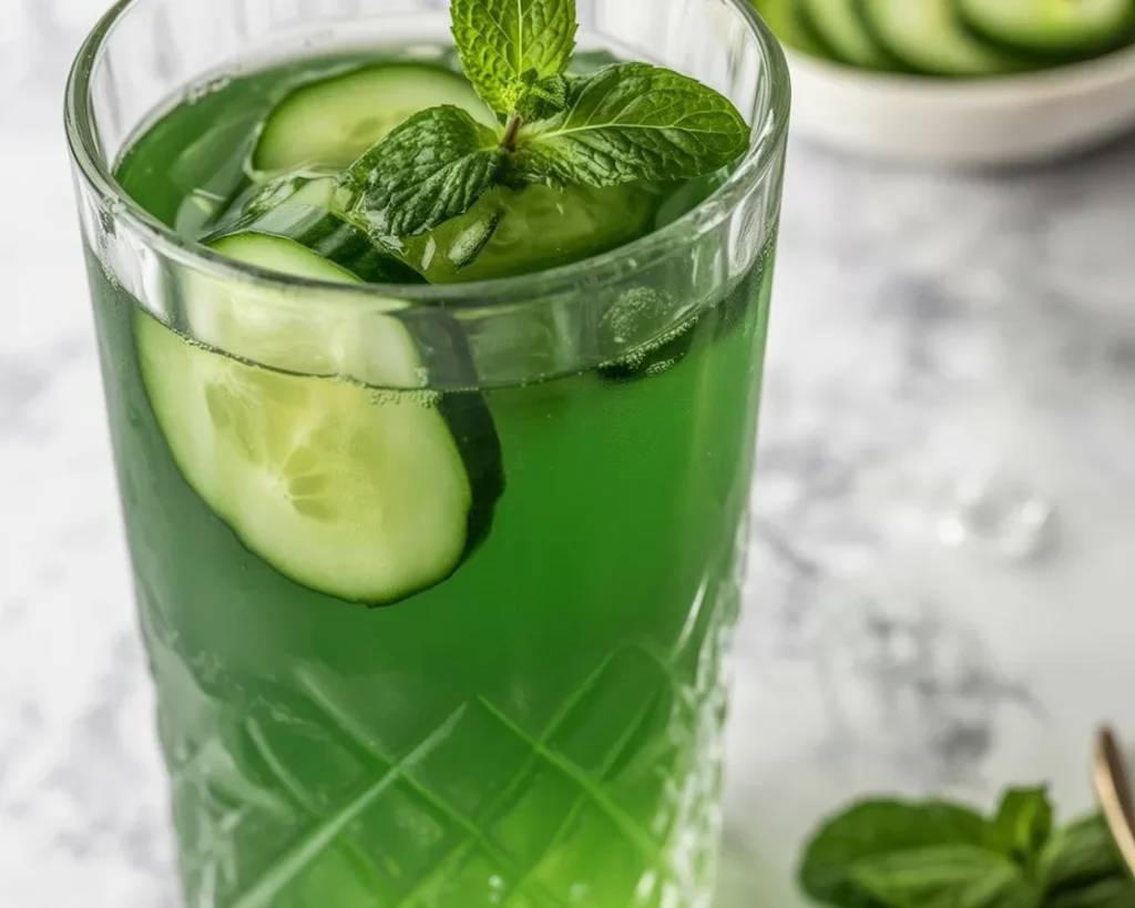 A refreshing glass of chlorophyll water with mint and lemon, showcasing a healthy drink recipe.