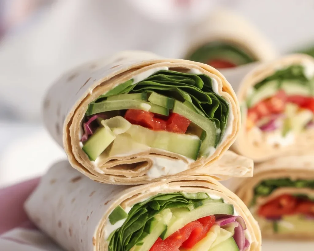 Delicious Hummus and Veggie Wrap with colorful vegetables and creamy hummus.