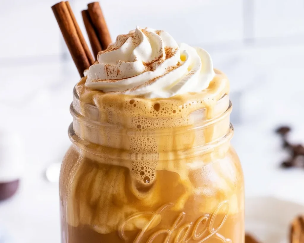 Iced Pumpkin Spice Latte (Starbucks Copycat) with whipped cream and cinnamon on top.