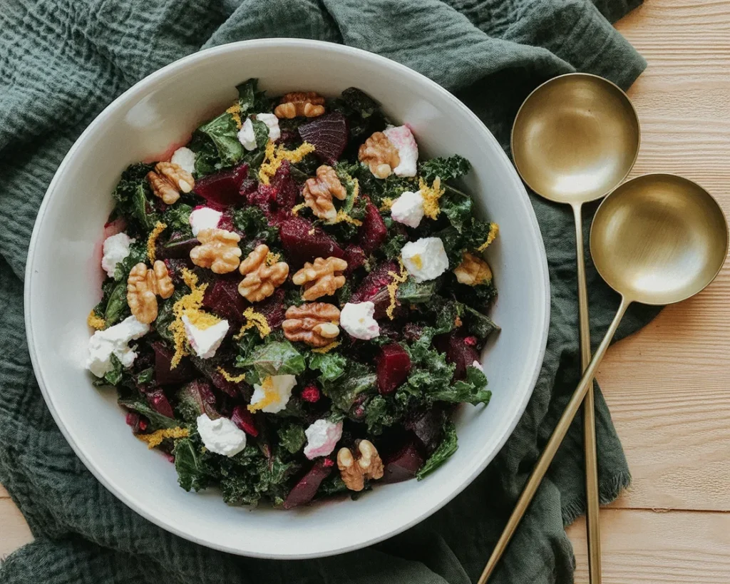 Kale Salad with Pear, Walnuts, and Maple-Balsamic Vinaigrette served in a bowl.