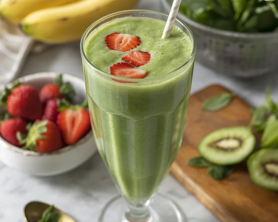Moringa powder smoothie with spinach, banana, and coconut milk for a nutritious drink.