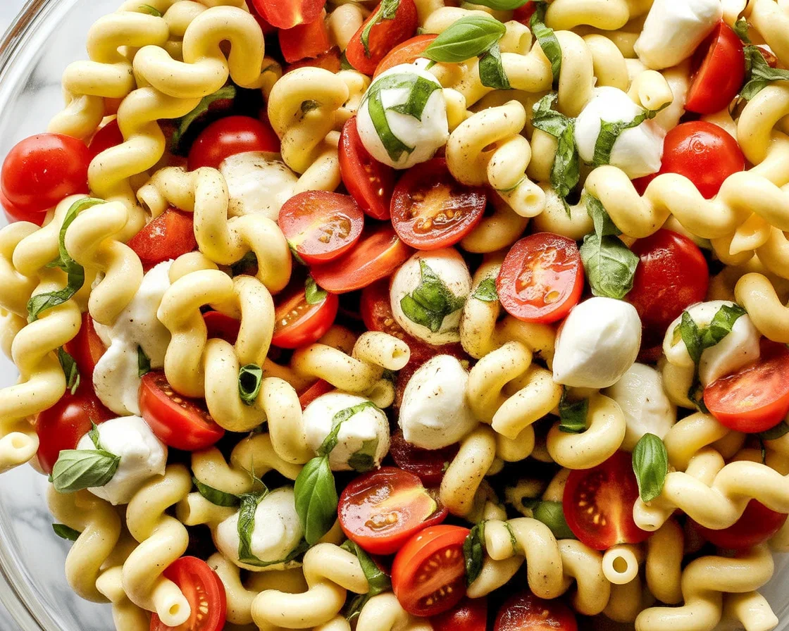 Delicious Pasta Salad with Cherry Tomatoes and Mozzarella served in a bowl.