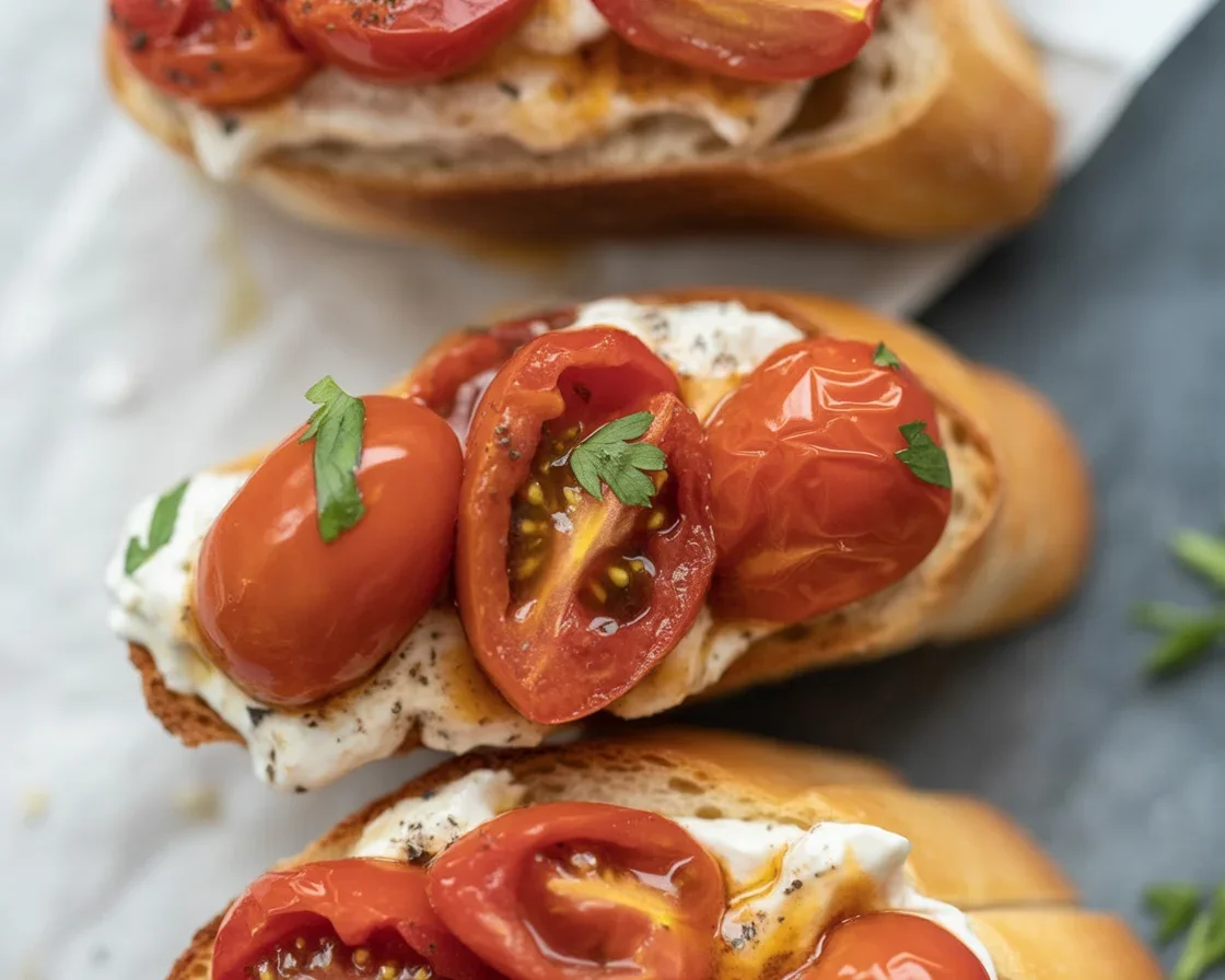Delicious Roasted Tomato and Garlic Bruschetta served on toasted bread