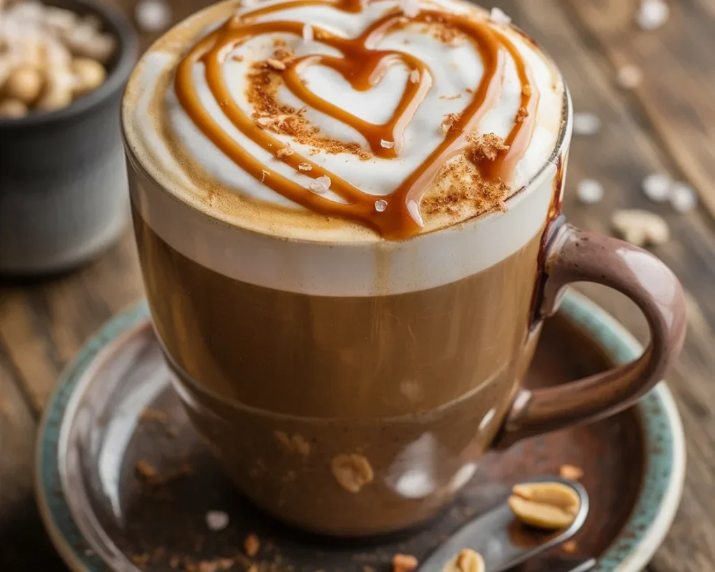 Homemade Salted Caramel Mocha Latte with whipped cream and caramel drizzle.