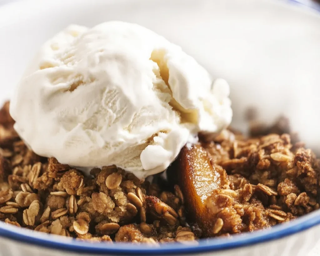 Delicious spiced pear and ginger crumble topped with toasted oat streusel