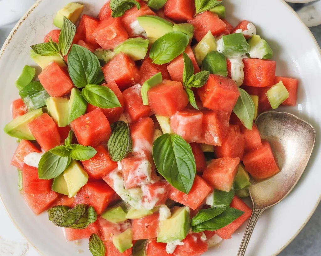 Refreshing Watermelon and Feta Salad with Mint served on a platter.