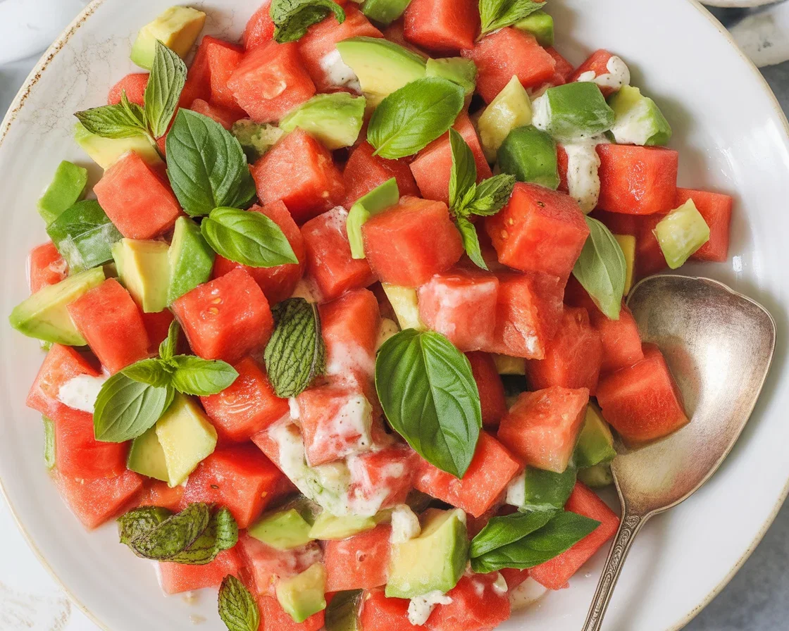 Refreshing Watermelon and Feta Salad with Mint served on a platter.