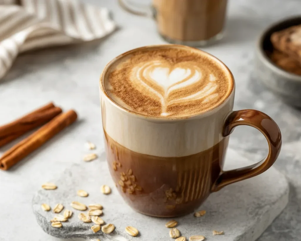 Homemade Vanilla Chai Oatmilk Latte with spices and maple syrup