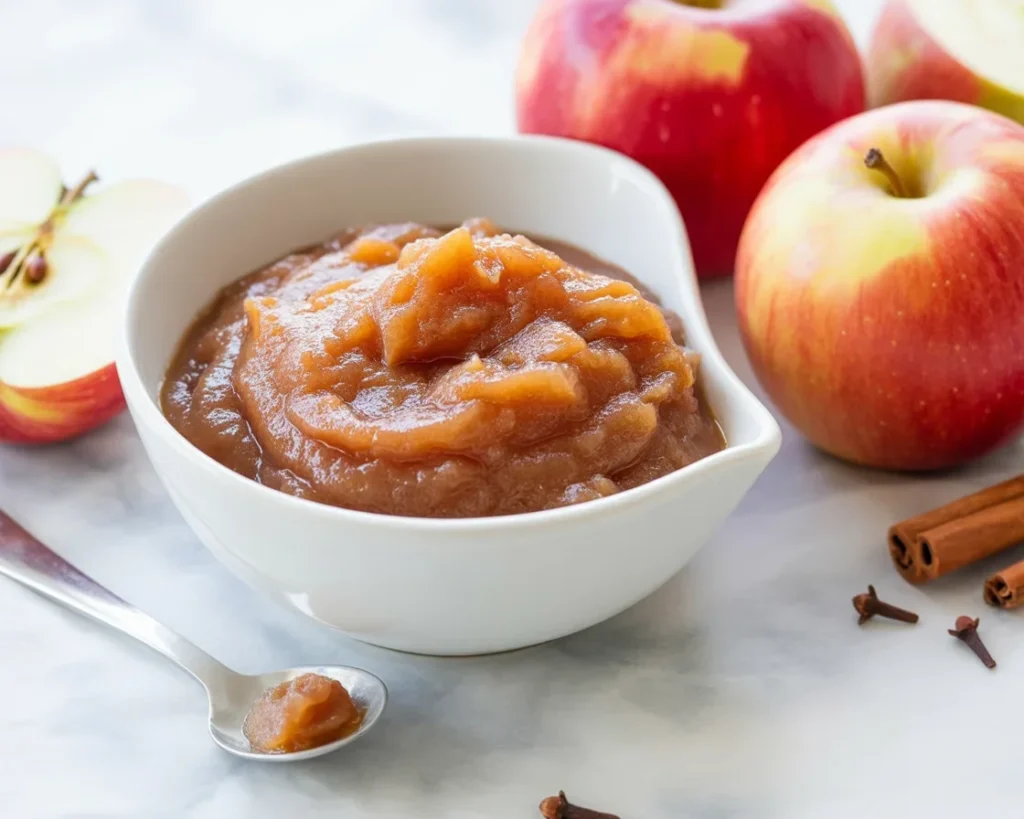 Homemade Stovetop Apple Butter in a jar with apples and spices