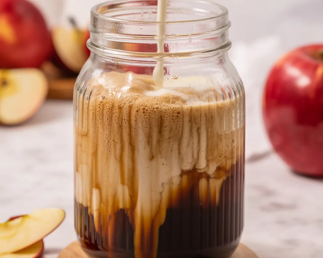Iced Apple Crisp Oatmilk Shaken Espresso with apple, oat milk, and brown sugar syrup.