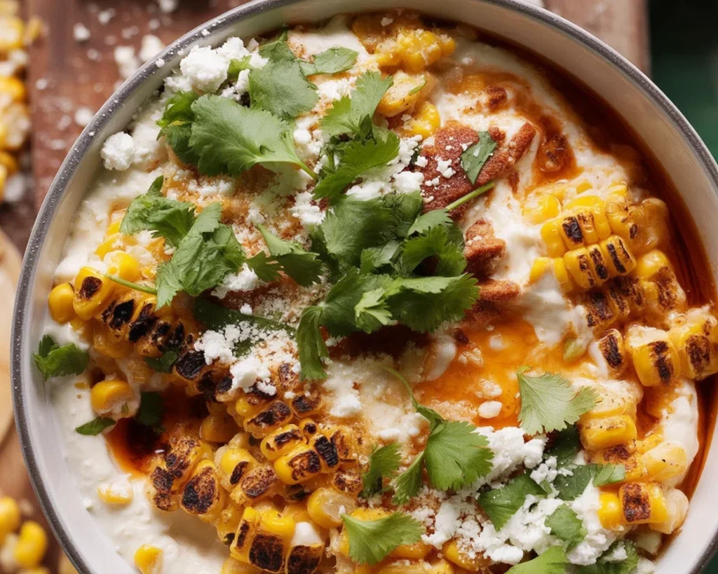 Creamy Mexican Street Corn Dip served with tortilla chips, featuring roasted corn and spices.