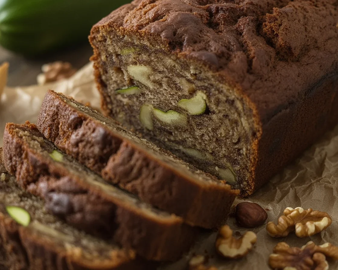 Loaf of easy zucchini bread with walnuts, showcasing a moist and flavorful texture.