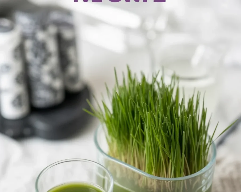 A vibrant green wheatgrass shot served in a glass with apple juice and ginger.