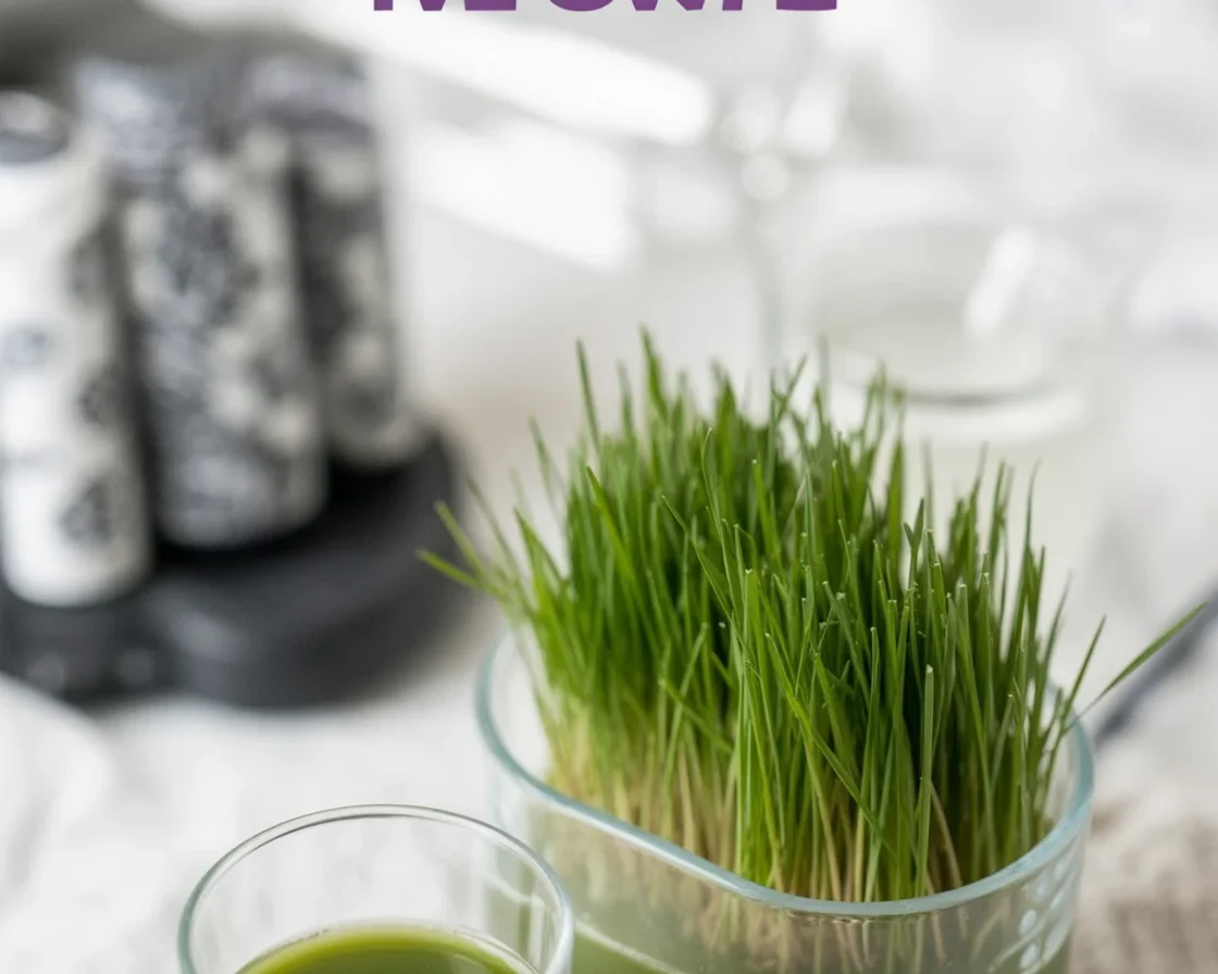 A vibrant green wheatgrass shot served in a glass with apple juice and ginger.
