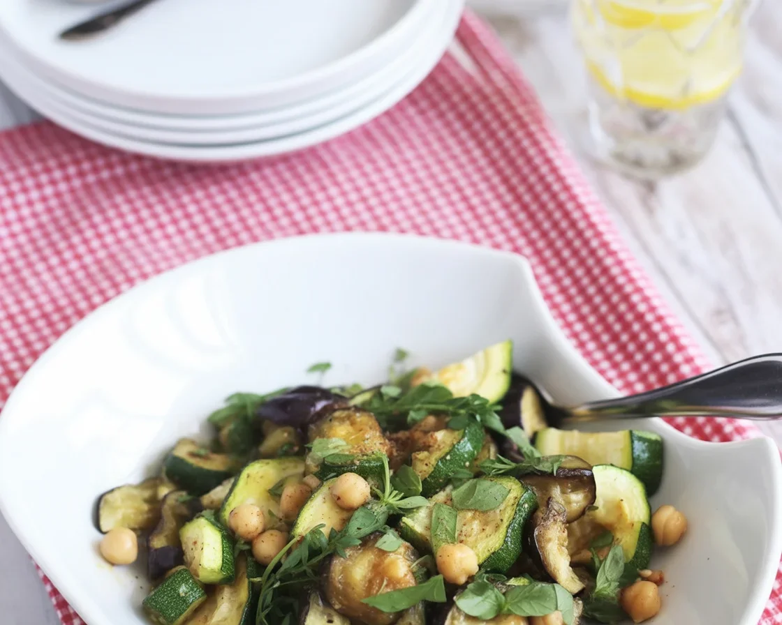 Grilled eggplant and zucchini with feta cheese, drizzled with olive oil and herbs.