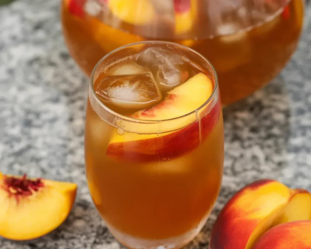 Refreshing homemade Peach Iced Tea with real peaches and black tea