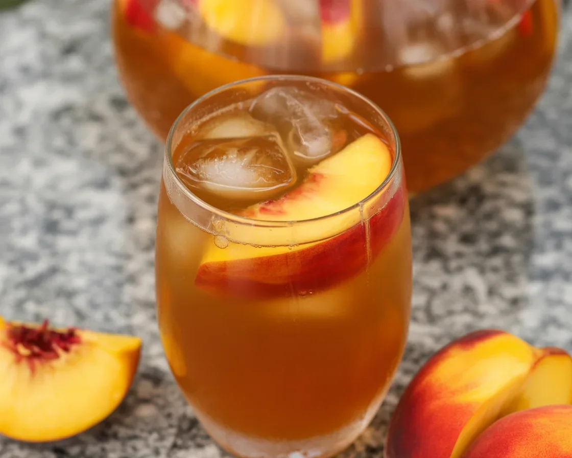 Refreshing homemade Peach Iced Tea with real peaches and black tea
