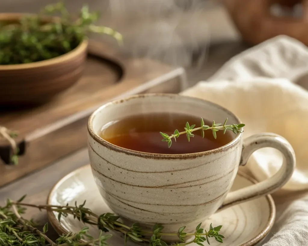 A cup of thyme tea with herbs for respiratory health.