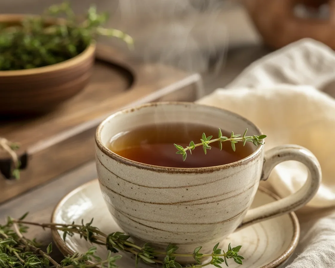 A cup of thyme tea with herbs for respiratory health.