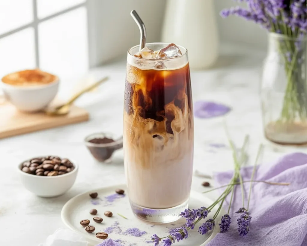 Iced Lavender Latte served in a tall glass with ice and lavender sprigs