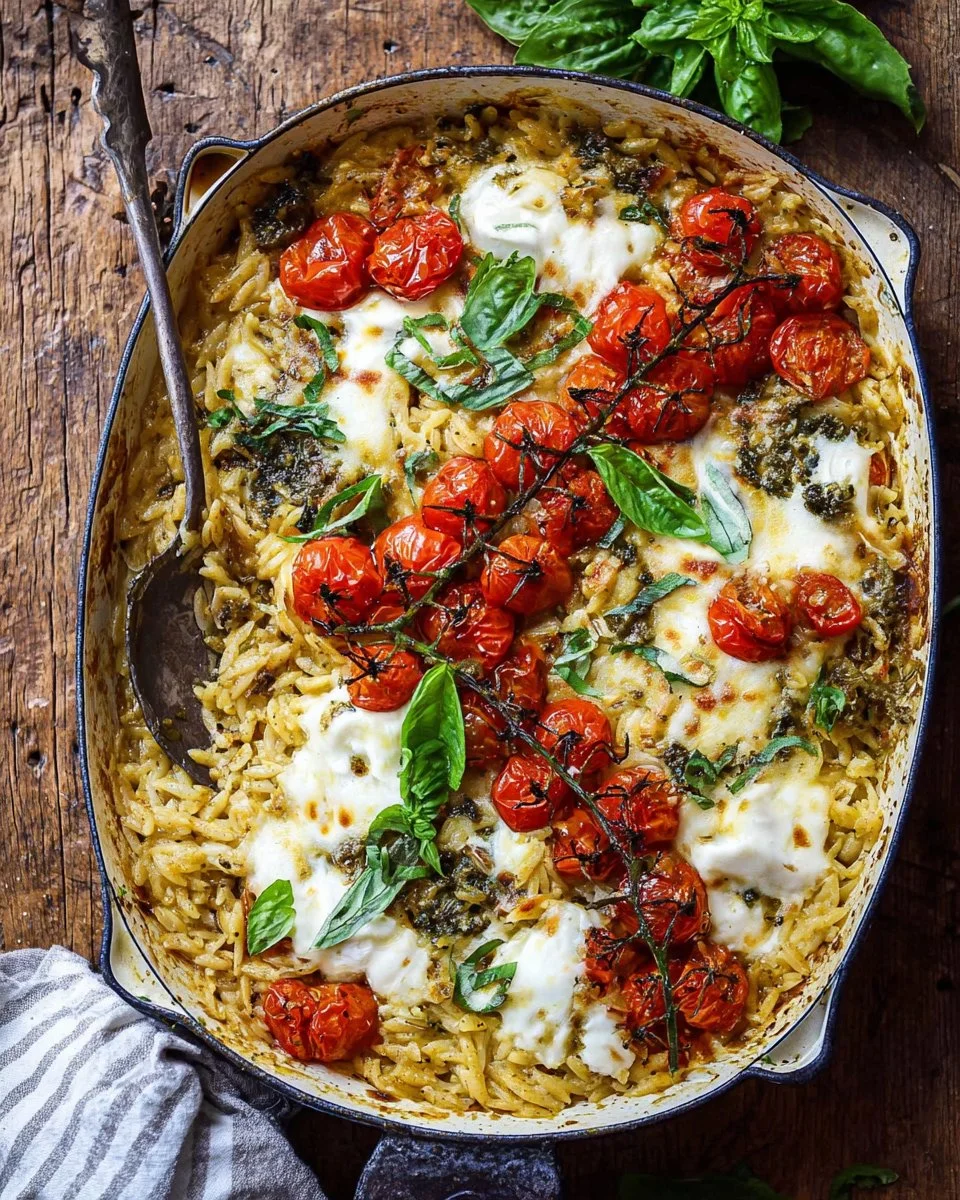Easiest One Pan Caprese Pesto Orzo Bake with fresh basil and mozzarella