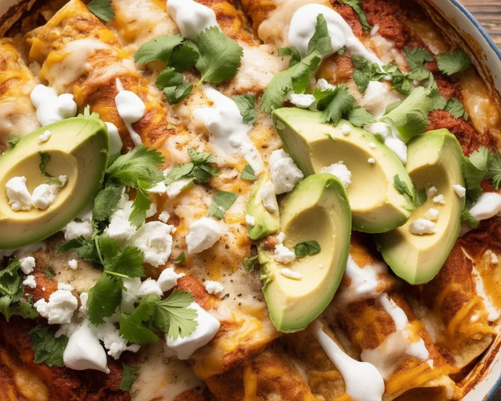 One Skillet Street Corn Chicken Enchilada Bake with cheesy tortillas and corn