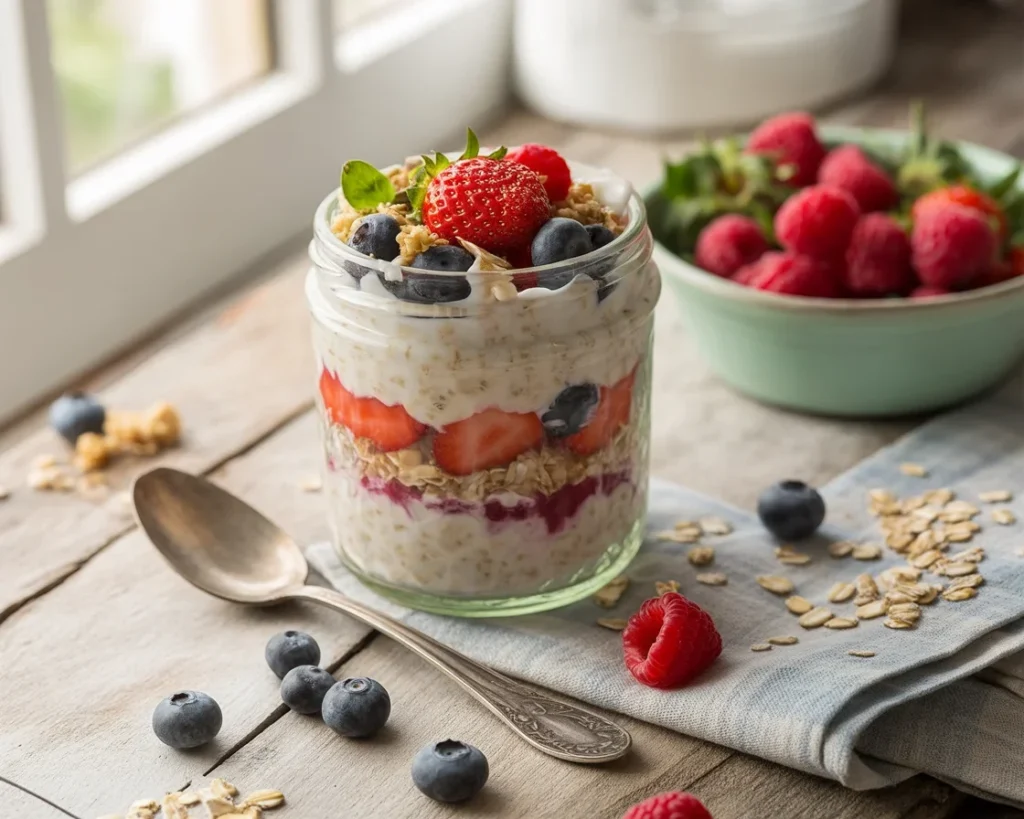 Bowl of delicious overnight oats with fruits, perfect for a healthy breakfast and meal prep.