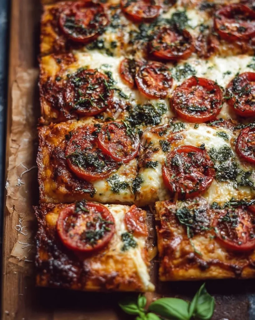 Easy sheet pan Tomato Herb Pizza topped with fresh herbs and tomatoes.