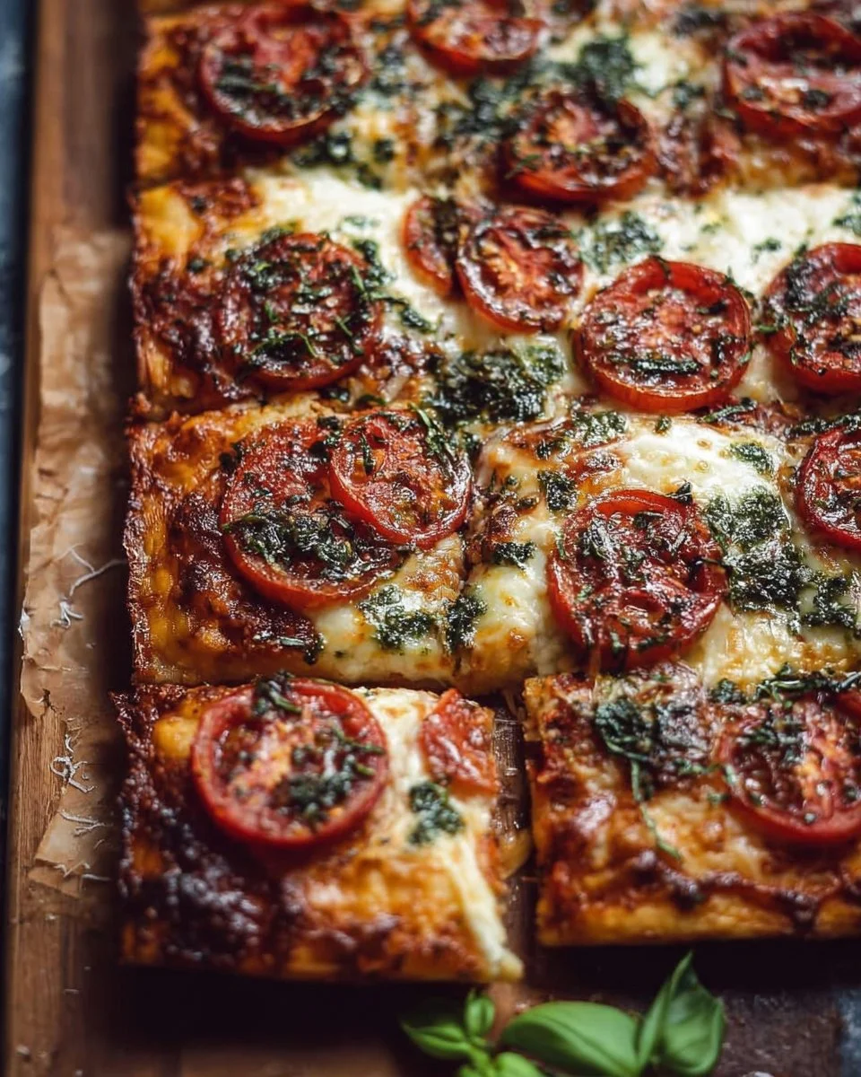 Easy sheet pan Tomato Herb Pizza topped with fresh herbs and tomatoes.
