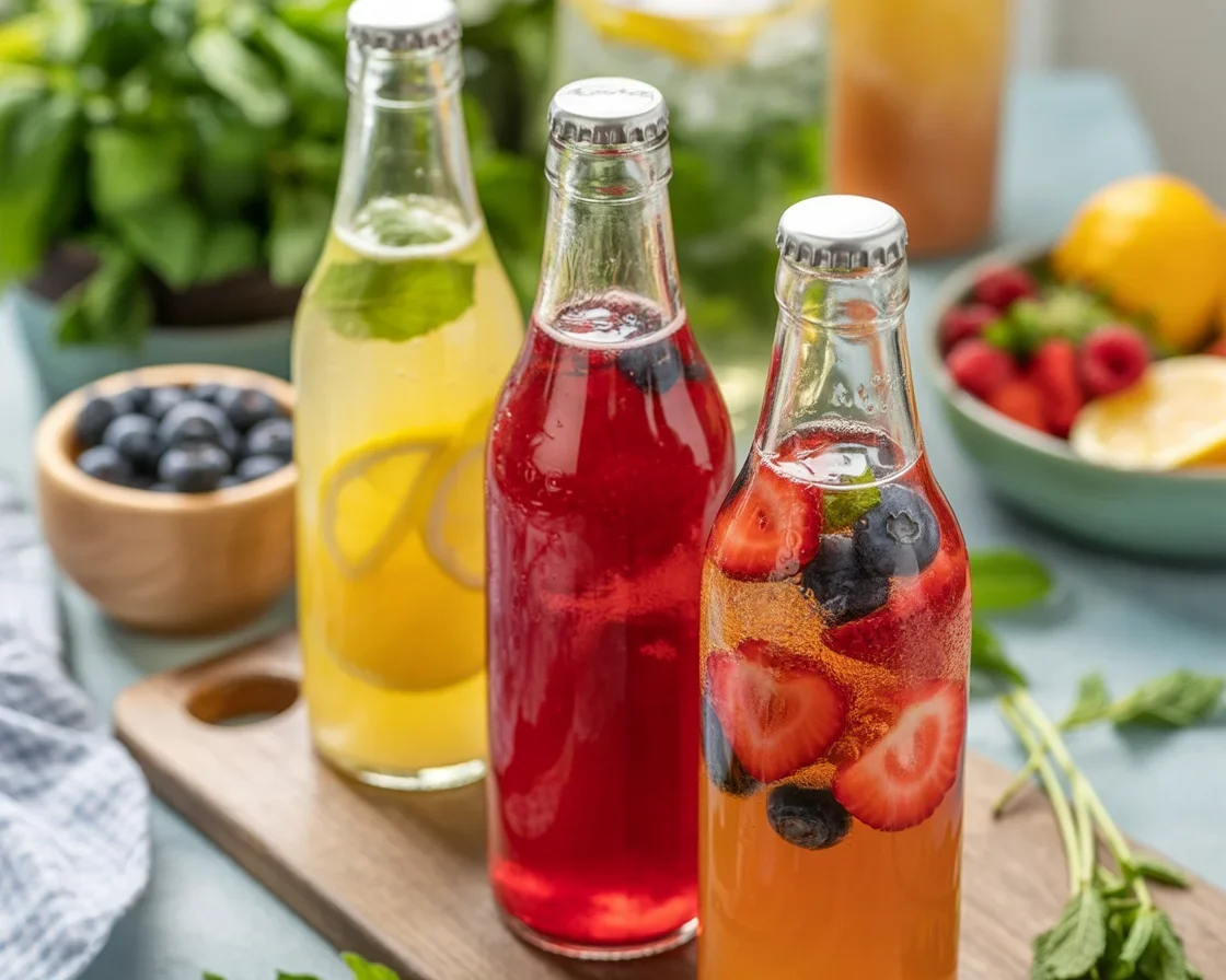 Homemade kombucha bottles during second fermentation with fruit and herbs for added flavor.