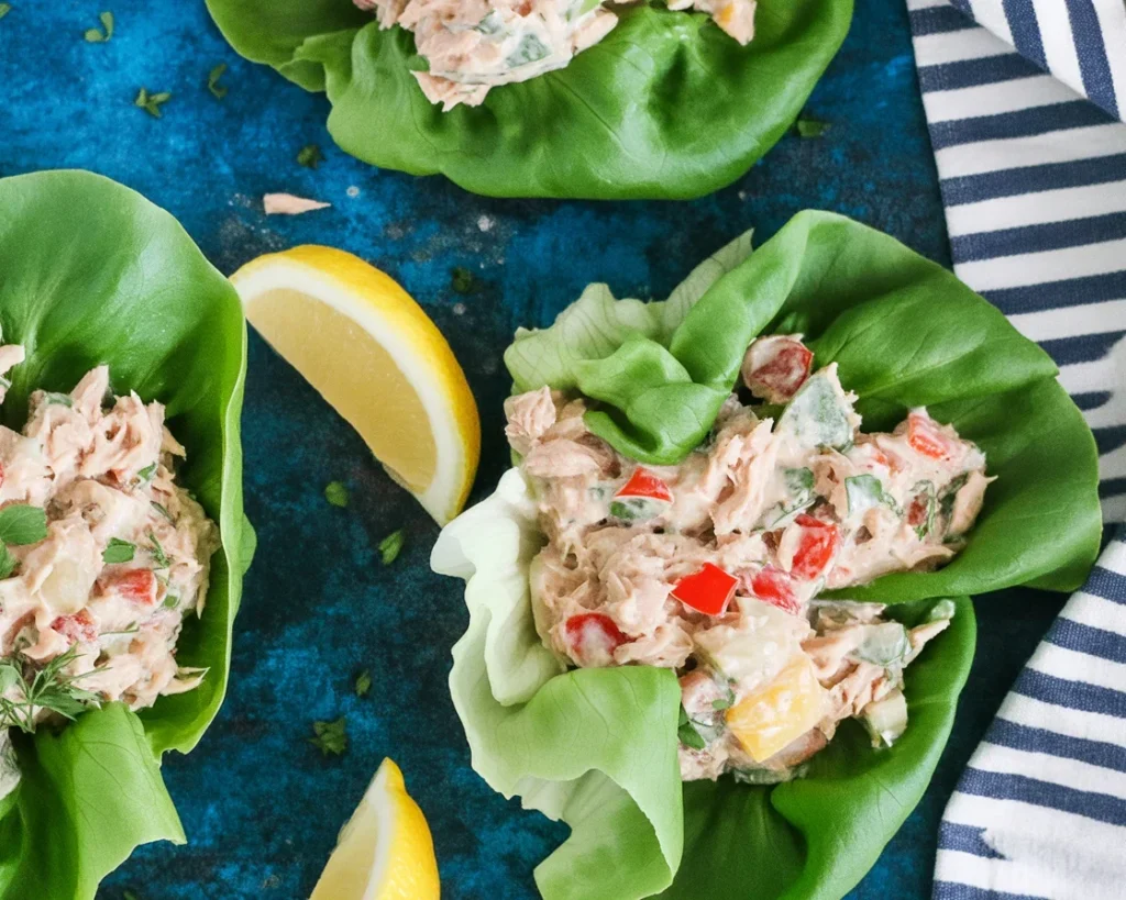 Delicious Tuna Salad Lettuce Wraps with healthy ingredients for a low-carb meal.