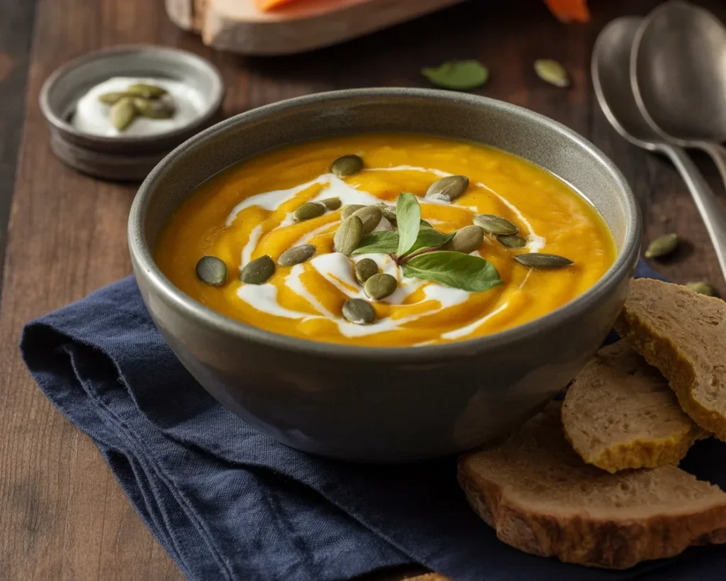 Creamy butternut squash soup garnished with fresh herbs in a bowl.