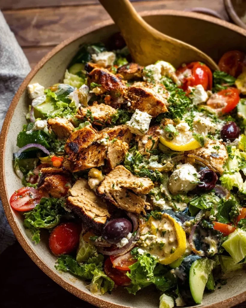Greek chicken salad with chopped vegetables and lemon tahini vinaigrette