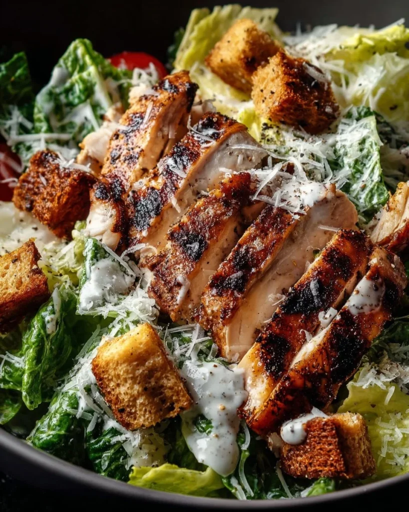 Delicious grilled chicken Caesar salad with fresh greens and creamy dressing
