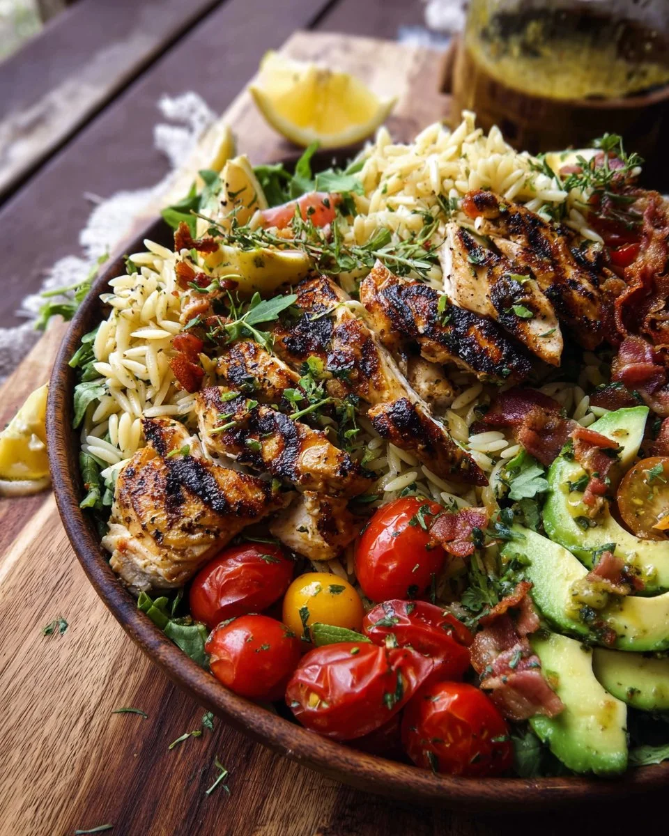 Grilled Lemon Herb Chicken Avocado Orzo Salad with Honey Mustard Bacon Dressing