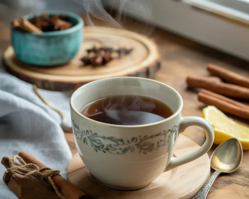 Homemade licorice root tea in a cup with herbs and ginger slices.
