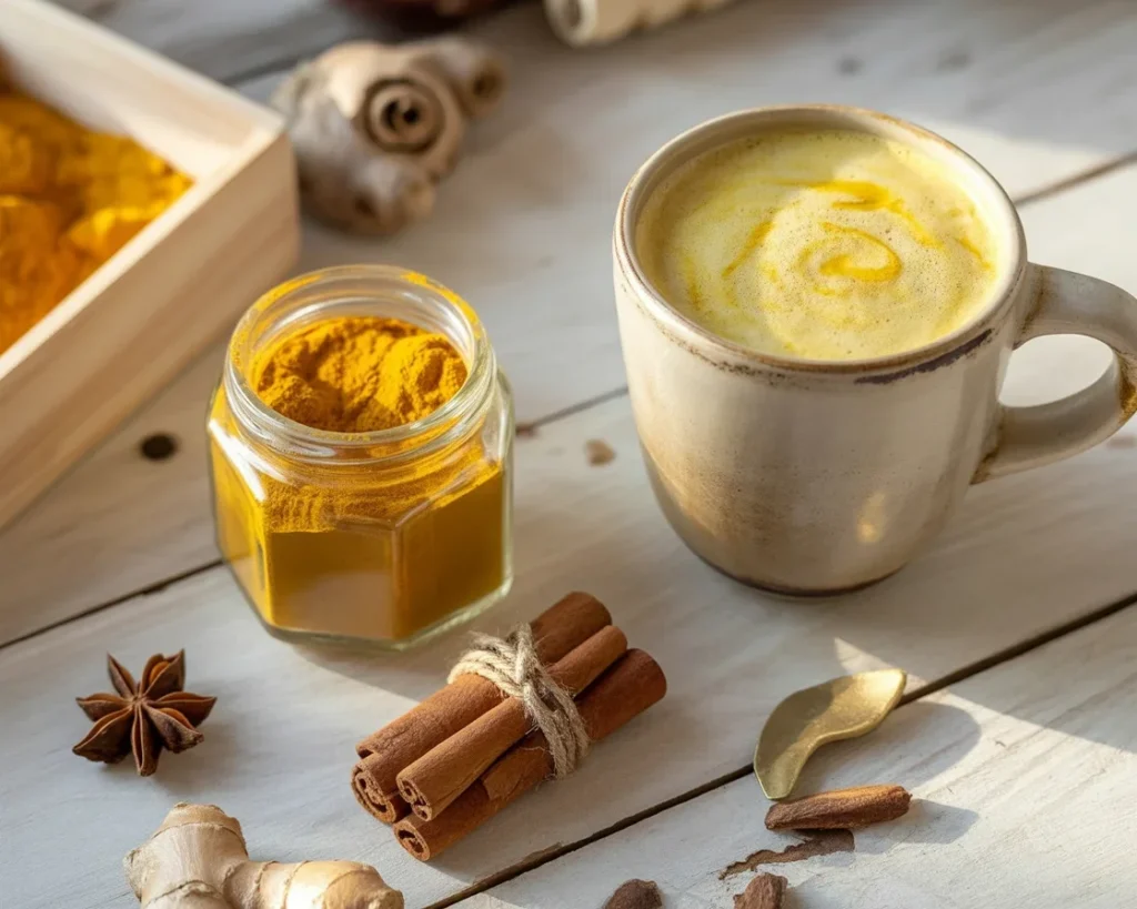 Golden milk paste made with turmeric, coconut oil, and spices for healthy drinks.