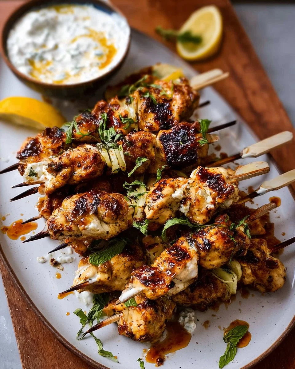 Lemon chicken skewers with creamy feta sauce on a grill plate