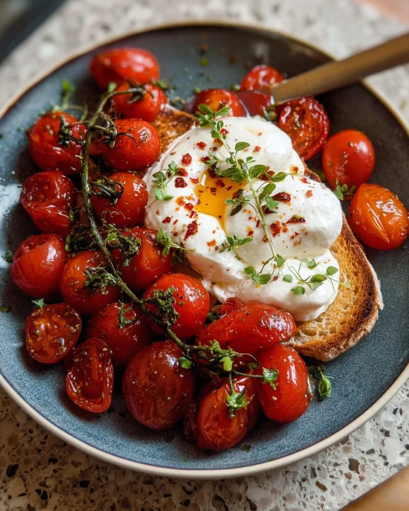 Delicious marinated cherry tomatoes served with creamy burrata cheese