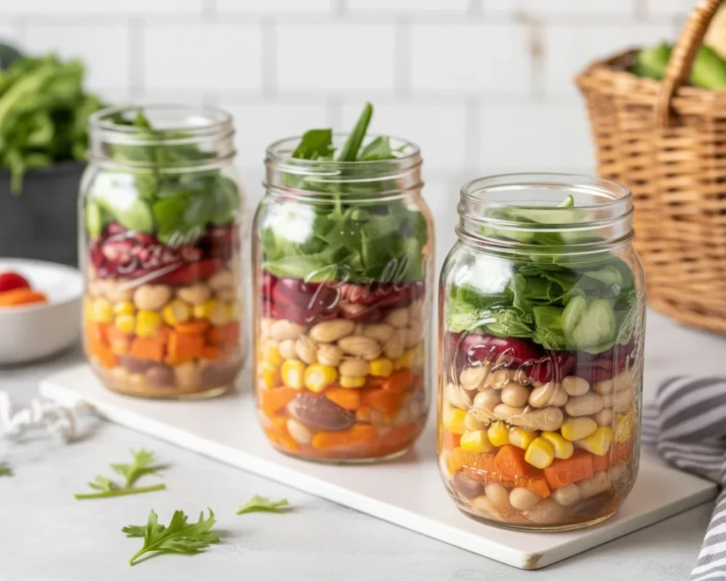 Healthy mason jar salad with fresh veggies and protein for meal prep lunch.