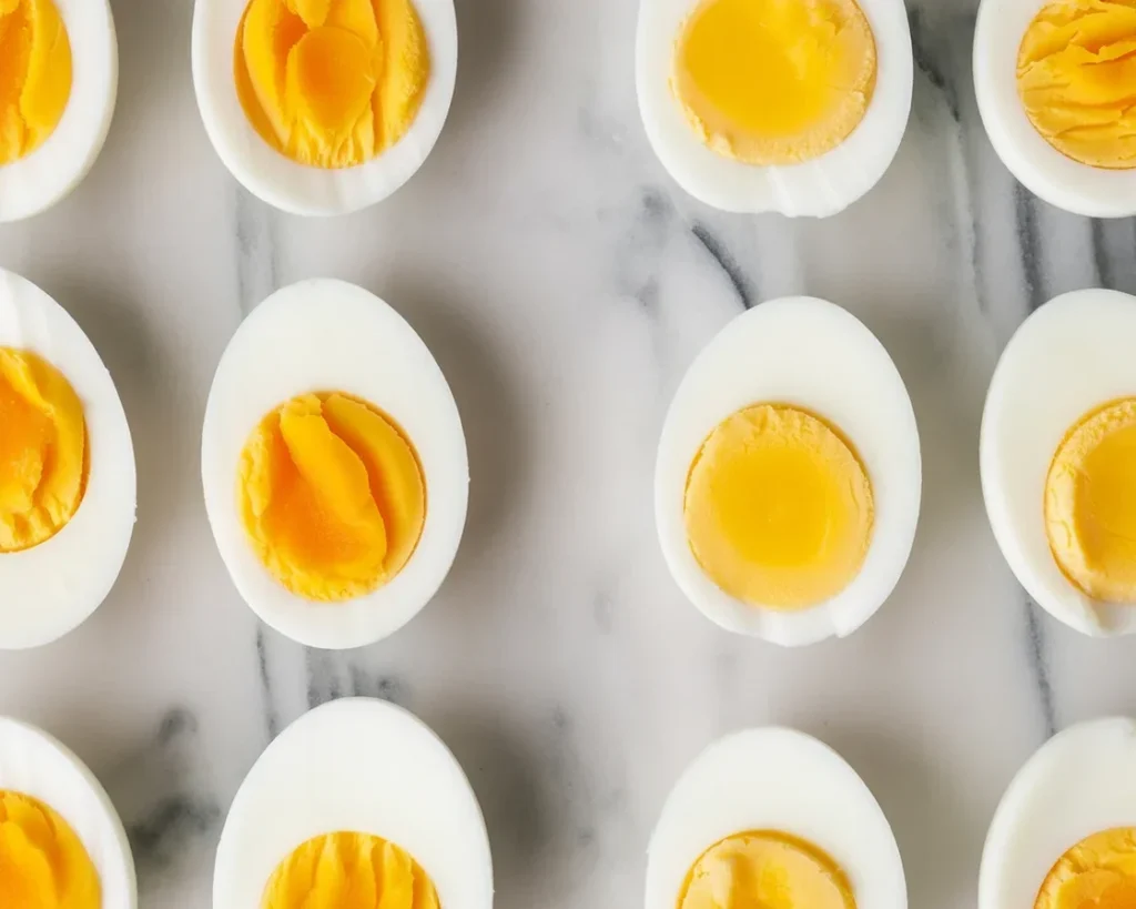 Perfectly batch prepared hard-boiled eggs on a kitchen countertop.