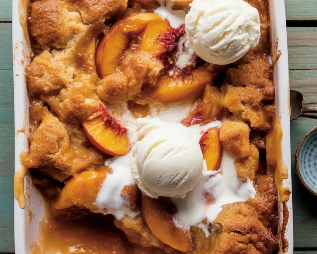 Delicious Old School Easy Brown Sugar Peach Cobbler with juicy peaches and brown sugar topping