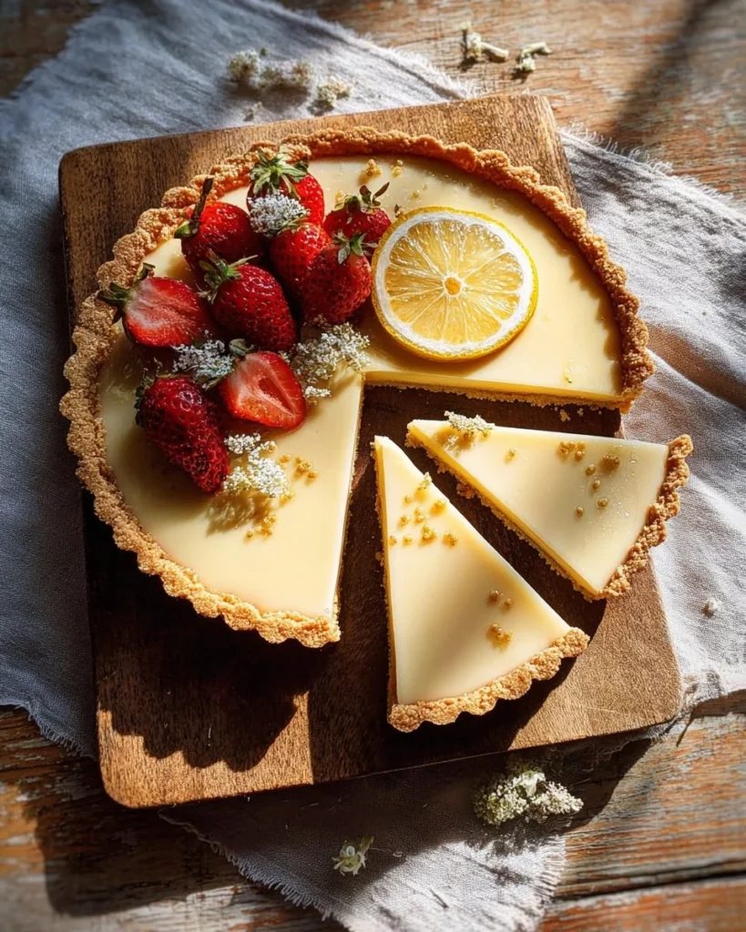 No fuss lemon tart served on a elegant plate with fresh lemon slices