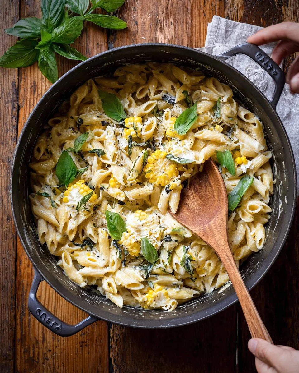 One Pot Lemon Basil Pasta with corn and ricotta served in a bowl.