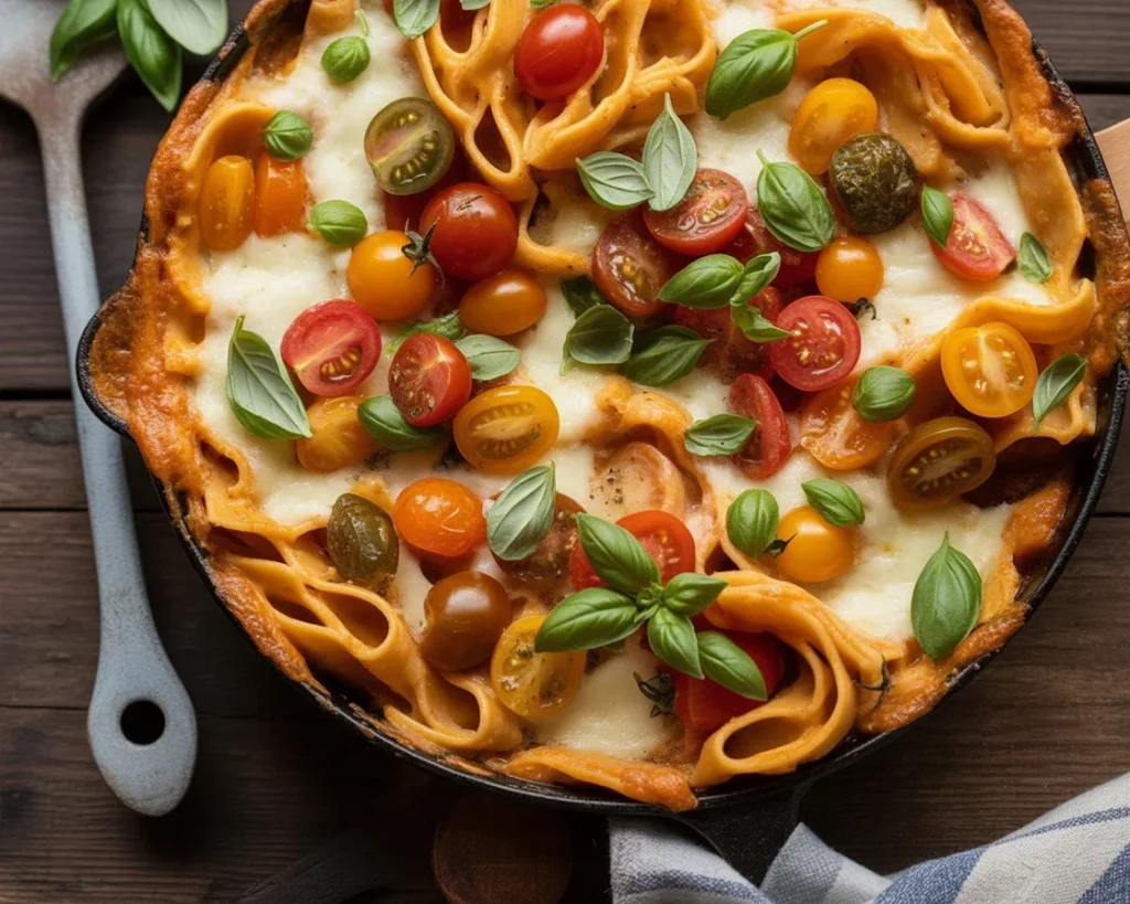 One Pot 30 Minute Creamy Tomato Basil Pasta Bake fresh from the oven.