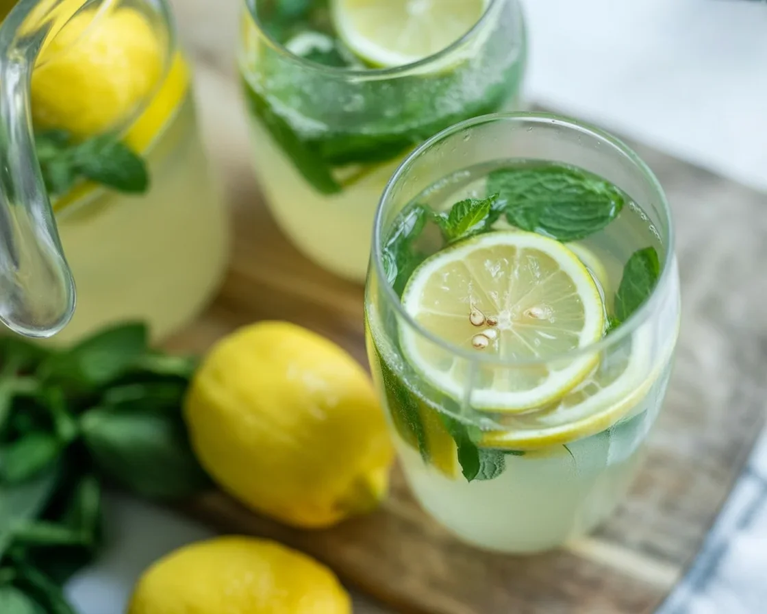 A refreshing glass of Iced Tea with Lemon and Mint garnished with fresh mint leaves.