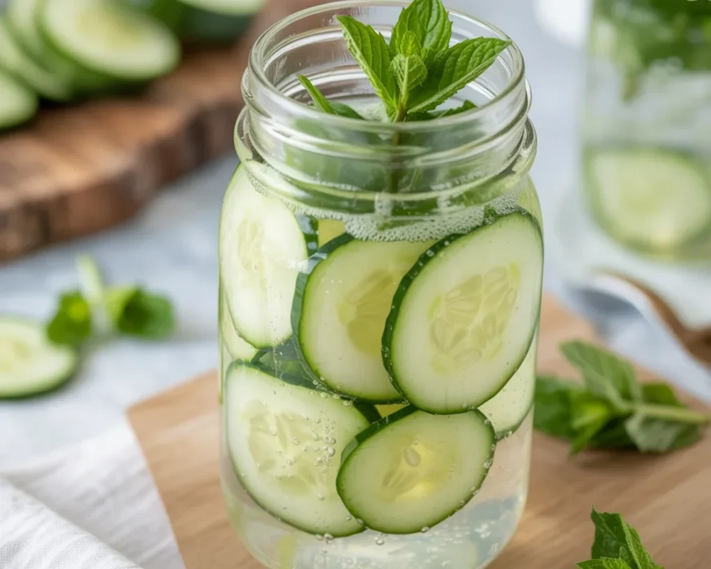 Cucumber Mint Detox Water with lemon slices and fresh mint leaves in a pitcher.