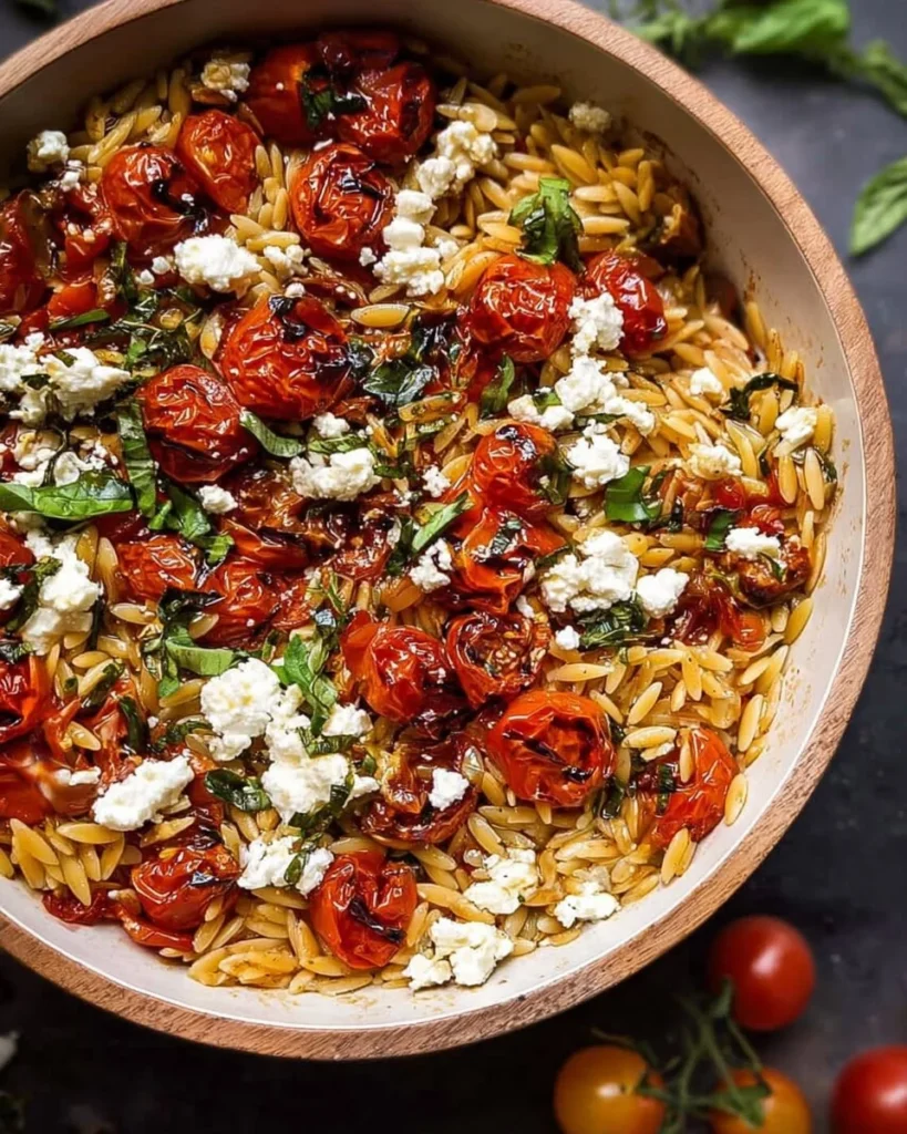 Delicious roasted tomato basil feta orzo served in a bowl with fresh herbs.