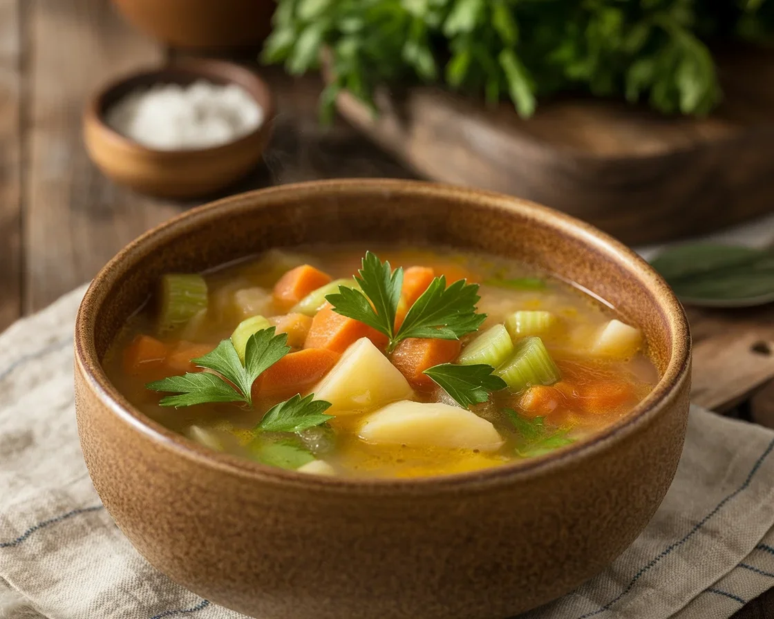 Nourishing Bone Broth Vegetable Soup with fresh vegetables and herbs.
