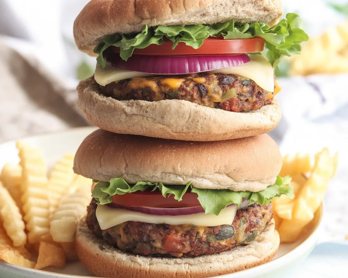 Delicious Spicy Black Bean Burgers topped with avocado cream sauce and served with fresh toppings.